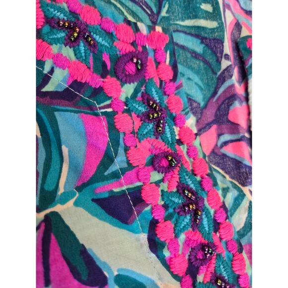 Lilly Pulitzer Large Embroidered Beaded Top Blouse Blue Pink 100% Cotton - Picture 4 of 9